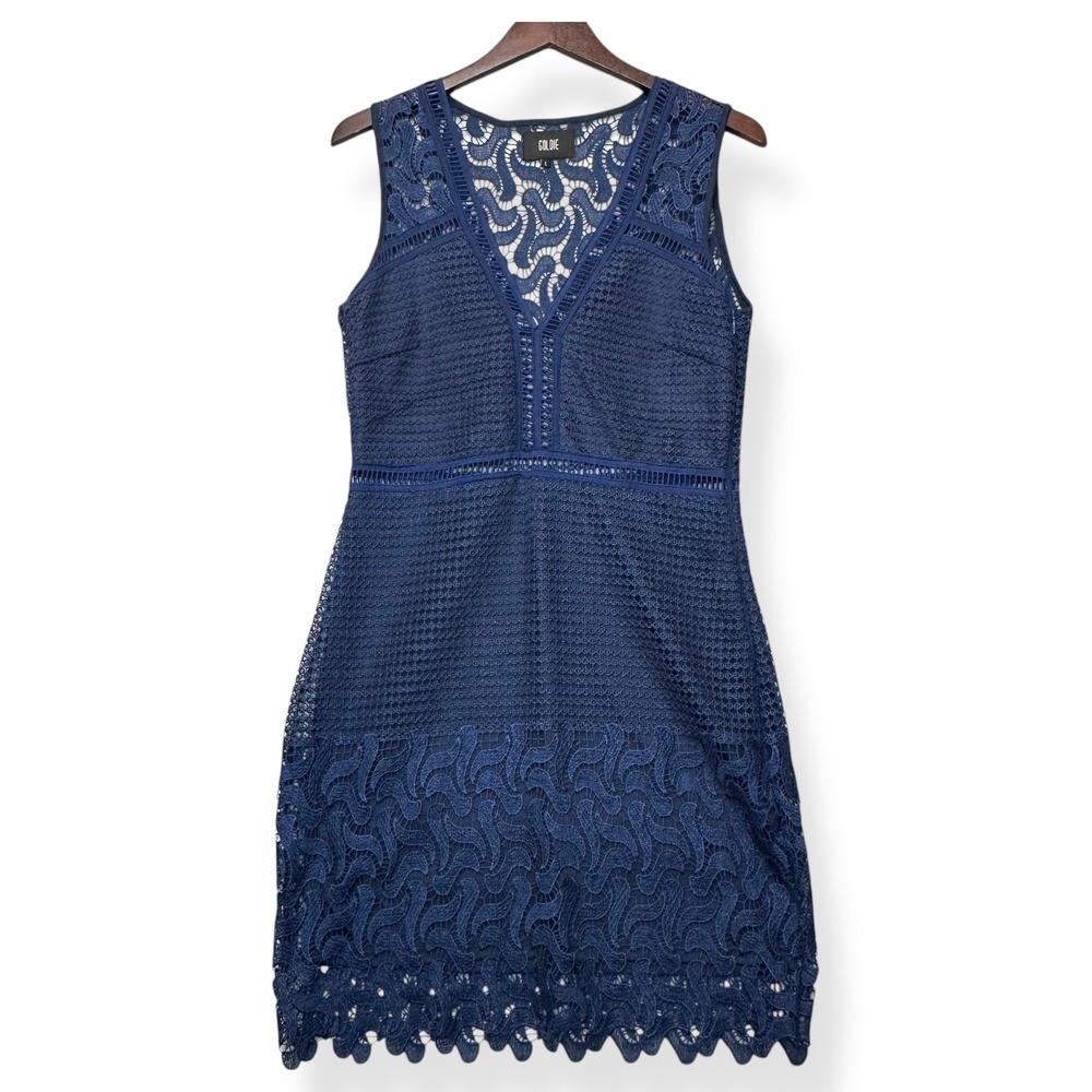 Goldie Crochet Lace Riot Sheath Dress L Navy Blue Soft Girl Boho Romantic Ballet - Picture 2 of 8